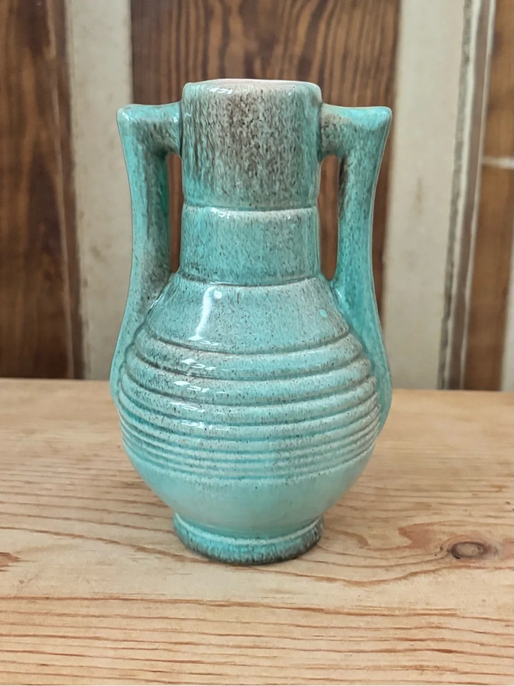 Gonder Art Pottery Double Handled Vase-Blue Green-6.5” tall